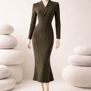 STYLEWE Olive Green Crossover V-Neck Long Sleeve Mermaid Midi Dress Size L NEW
